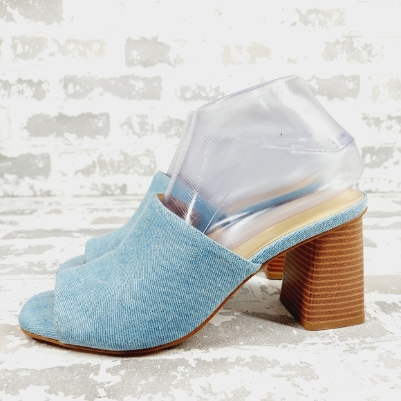 Nine West Shoes - Nine West Wylow Blue Denim Open Toe Slip On Block Heel Mules M437